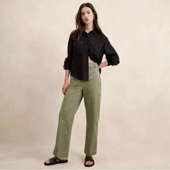 BANANA REPUBLIC Twill Pants Straight Ankle Tabs Ultra High Rise Womens 12 Green - Picture 6 of 12